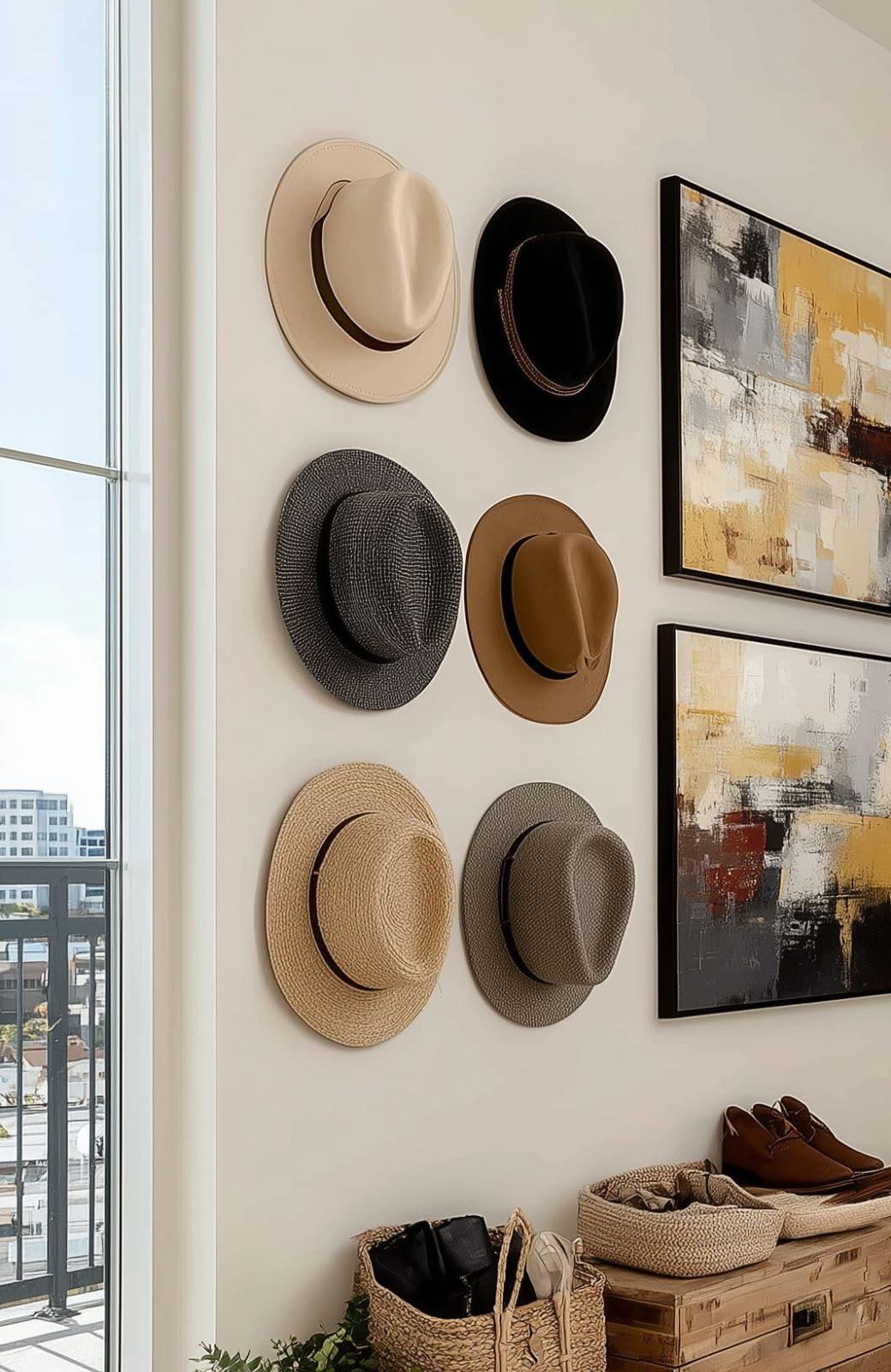 Cowboy and wide-brim hats on Modern JP 3-inch cowboy hat hooks in an entryway